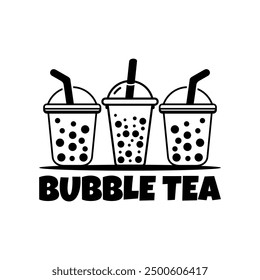 Hand draw bubble tea logo vector with white background. Milk tea. Black and white