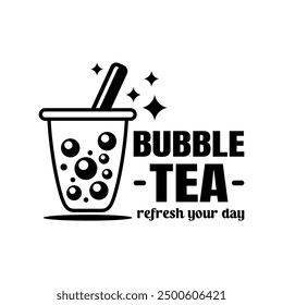 Hand draw bubble tea logo vector with white background. Milk tea. Black and white