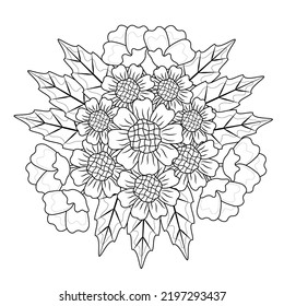 Hand Draw Bunch Of Flowers And Leave Drawing Black And White For Adult Coloring Book