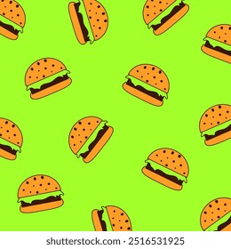 Dibuja a mano la hamburguesa. Doodle hamburguesa patrón de fondo verde. Patrón de Vector de comida rápida.