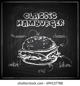 Hand draw of burger on a chalkboard. Vector collection.