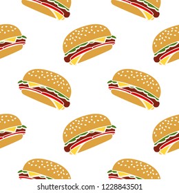Hand draw burger.Doodle hamburger seamless pattern white background.Fast food seamless vector pattern.