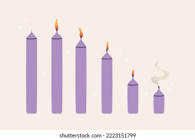 Hand draw burning candle burn step by step. Lit wax candles, flickering lights decor element. Purple candlelight, christmas or religion church pithy vector fire