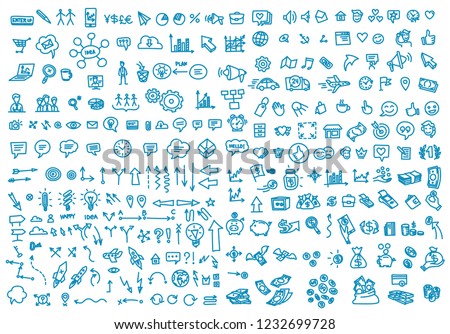 Hand draw business activity set doodle. Business ideas presentation. Background blue color
