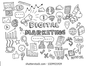 Hand draw business doodles digital marketing,Drawn in black ink on white background 