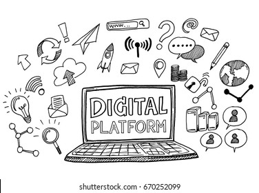 Hand Draw Business Doodles Digital Platform,Drawn In Black Ink On White Background