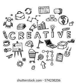 Hand draw business doodles with varieties of business icons and words set on white background.Concept for business idea,startup and innovation technology.Doodle art collection.