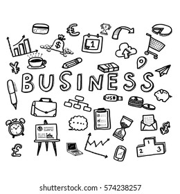 Hand draw business doodles with varieties of business icons and words set on white background.Concept for business idea,startup and innovation technology.Doodle art collection.