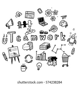 Hand draw business doodles with varieties of business icons and words set on white background.Concept for business idea,startup and innovation technology.Doodle art collection.