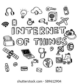 Hand draw business doodles varieties of internet of things icons and words set on white background.Concept for business idea,startup and innovation technology.Doodle art collection