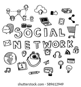 Hand draw business doodles varieties of social network icons and words set on white background.