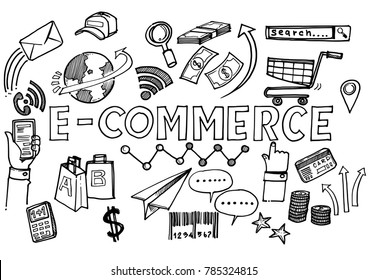 Hand draw business E-commerce Concept with Doodle design style  for business idea,startup and innovation internet technology