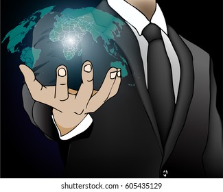 Hand draw business man touch world map and connection.vector illustration