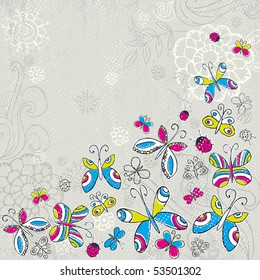 hand draw butterflies on grunge  grey background, vector
