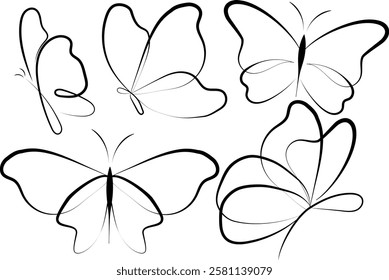 Hand draw butterfly. Black linear butterfly without background. Vector illustration. EPS 10.