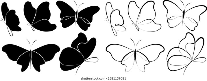 Hand draw butterfly. Black butterfly silhouette with white linear and black linear butterfly, without background. Vector illustration. EPS 10.