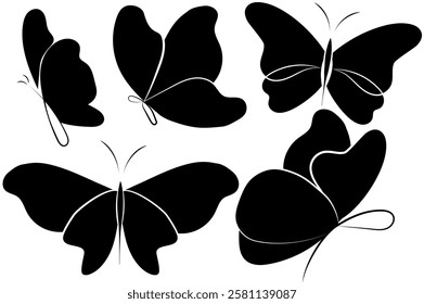 Hand draw butterfly. Black butterfly silhouette with white linear, without background. Vector illustration. EPS 10.