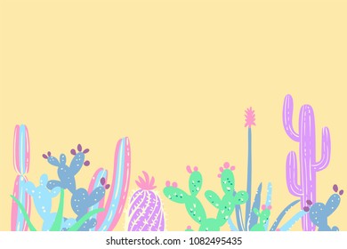 Hand draw cactus  and succulents set illustration in pastel colors. Cute cacti doodles