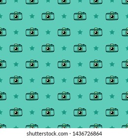 Hand Draw Camera and the stars Seamless Pattern. Vector colorful Minty Endless background in Doodle style. Texture For printing on fabric, wrapping paper, textiles, Wallpaper and other things.