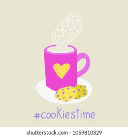 Hand draw card with cute cup of coffee and sweet cookies. Cookies time. Vector illustration.