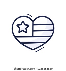 Hand draw cartoon American flag in heart vector illustration sign. Outline doodle style