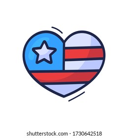 Hand Draw Cartoon American Flag In Heart Vector Illustration Sign. Outline Doodle Style