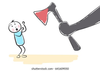 hand draw cartoon a big black hand threatens. Doodle miniature scenes. Hand drawn vector illustration for web design and infographic.
