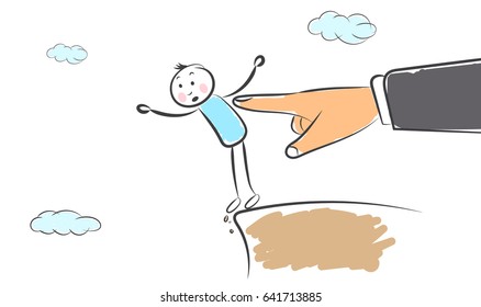 hand draw cartoon big hand pushing the man in the back. Doodle miniature scenes. Hand drawn vector illustration for web design and infographic.