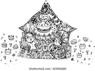 hand draw of cartoon boy and cake design for birthday card