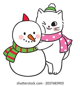 Dibujo manual de dibujos animados lindo gato abrazando el vector de muñecos de nieve.