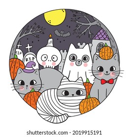 Hand draw cartoon cute Halloween cat and ghost in the moon vector.