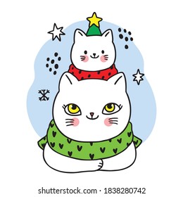 Hand draw cartoon cute Merry Christmas, Mom and baby cat like tree christmas vector.