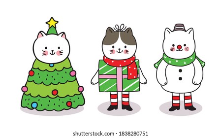Hand draw cartoon cute Merry Christmas, Macot cats tree christmas and gift box and snowman vector.