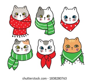 Hand draw cartoon cute Merry Christmas, Cats and colorful scarf vector.