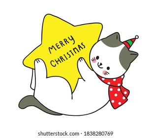 Hand draw cartoon cute Merry Christmas, White cat and star vector.