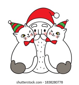 Hand draw cartoon cute Merry Christmas, Santa claus and two cats vector.