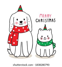 Hand draw cartoon cute Merry Christmas, Dog and cat vector.