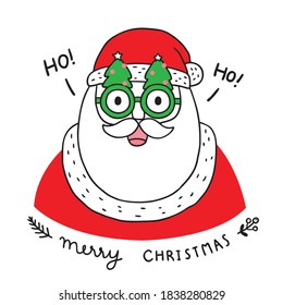 Hand draw cartoon cute Merry Christmas, Santa claus and tree christmas glasses vector.