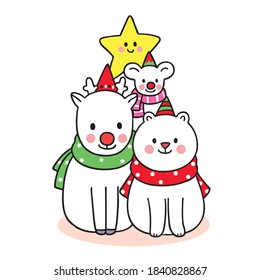Hand draw cartoon cute Merry Christmas, Deer and polar bear and mouse look like tree christmas vector.