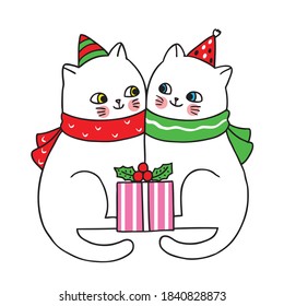 Hand draw cartoon cute Merry Christmas, Couple cats and gift boxes vector.