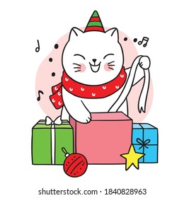 Hand draw cartoon cute Merry christmas, Cat and gift box vector.