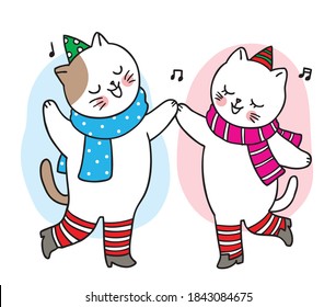 Hand draw cartoon cute Merry Christmas, Cats dancing vector.
