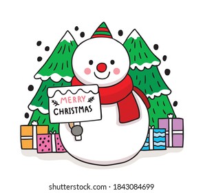 Hand draw cartoon cute Merry Christmas, Snowman and gift bxes and tree christmas vector.