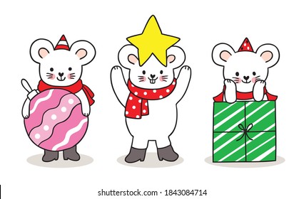 Hand draw cartoon cute Merry Christmas, Mouse and ornament christmas vector.