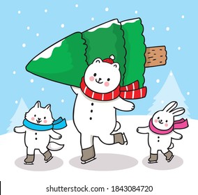 Hand draw cartoon cute Merry christmas, Friends fox, polar bear, rabbit and tree christmas vector.