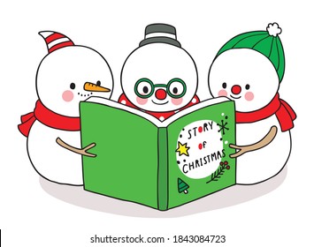 Hand draw cartoon cute Merry Christmas, Snowman reading book vector.