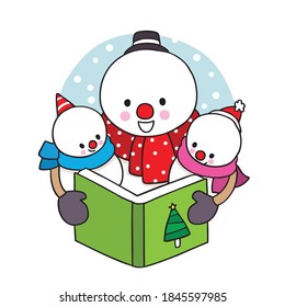 Hand draw cartoon cute Merry Christmas, Family snowman reading book vector.
