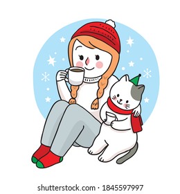 Hand draw cartoon cute Merry Christmas, Woman and cat drink coffee cup vector.