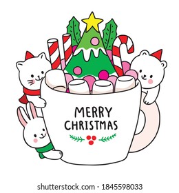 Hand draw cartoon cute Merry Christmas, Animals and sweet cup vector.