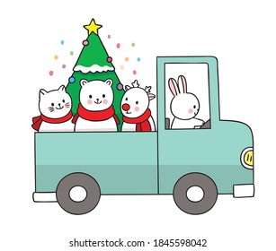 Hand draw cartoon cute Merry Christmas, Animais and tree Christmas in the car vector.